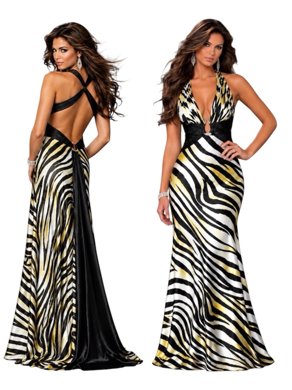 Y2K Morgan & Co Beaded Snake Brooch Animal Print Cut Out Maxi Dress Yellow Black
